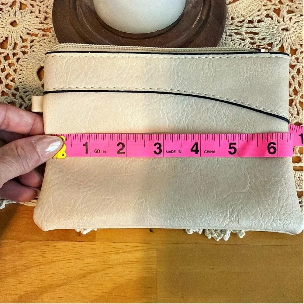 Cream Faux Leather Wristlet Small Zipper Pouch Gold Hardware Minimalist Pouch